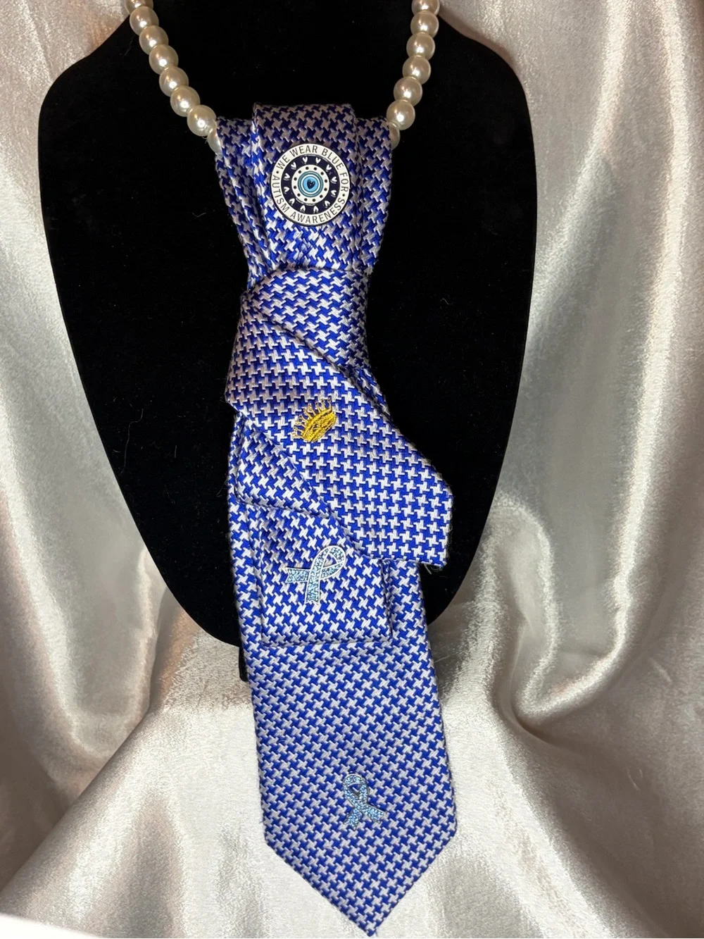 Blue Patterned women’s tie with Auti Awareness Ribbon Accents
